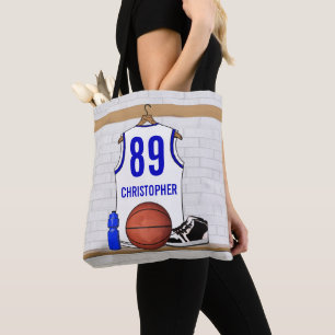 Tote Bag Jersey de basketball blanc et bleu personnalisé