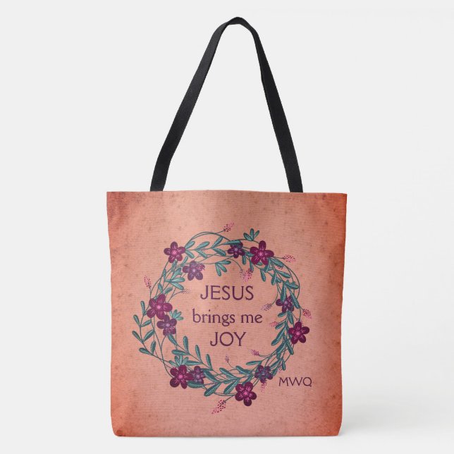 Tote Bag JÉSUS M'APPORTE JOIE Peach Floral Monogramme (Devant)