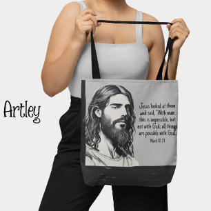 Tote Bag Jesus Portrait Croquis Bible Citation Noir et blan