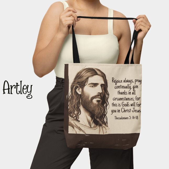 Tote Bag Jesus Portrait Croquis Bible Citation Sepia et Crè (Créateur téléchargé)