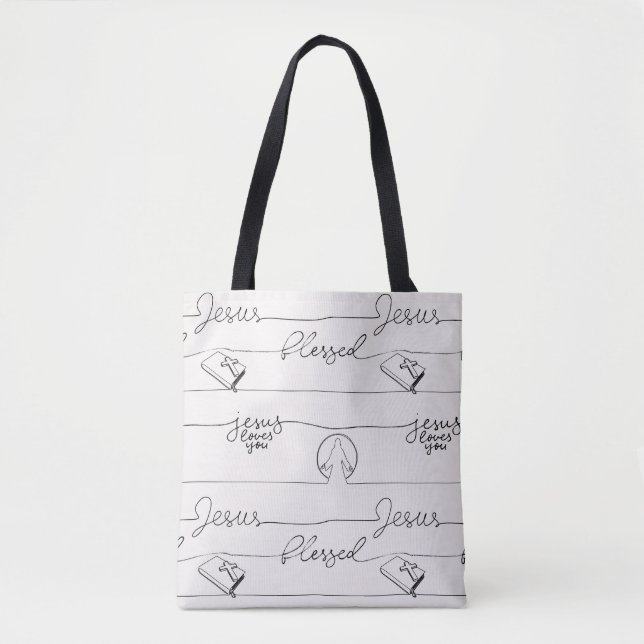 Tote Bag Jésus T'Aime, Béni, Pris Mains (Devant)