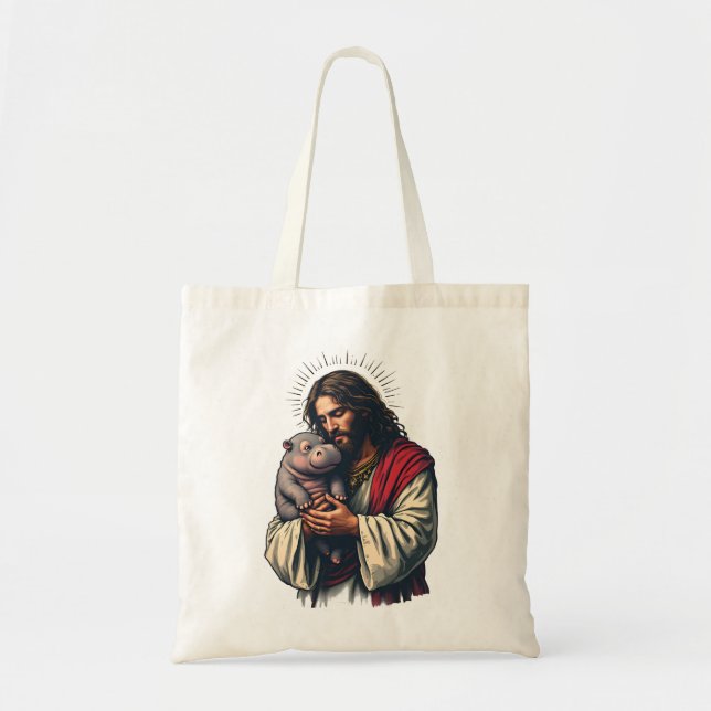 Tote Bag Jésus tenant un bébé Moo Deng Hippo (Devant)