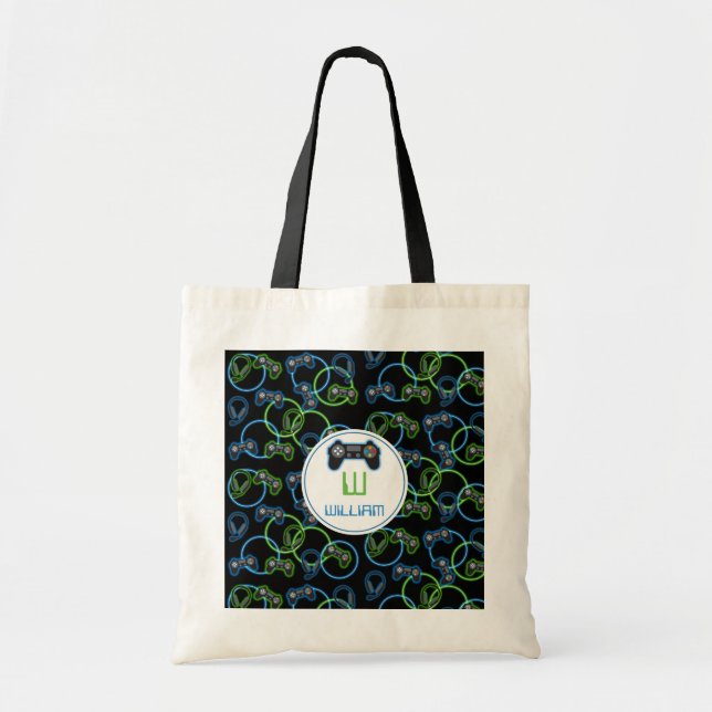 Tote Bag Jeu vidéo Neon Blue & Green Motif Monogramme (Devant)