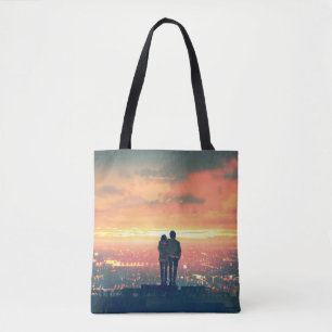 Tote Bag jeune couple debout sur le toit en regardant c