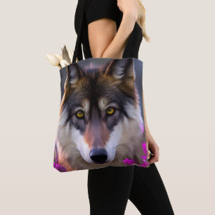 Tote Bag Jeune loup en fleurs rose fuchsia