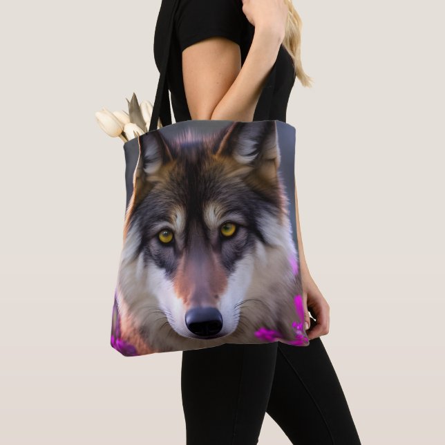 Tote Bag Jeune loup en fleurs rose fuchsia (De près)