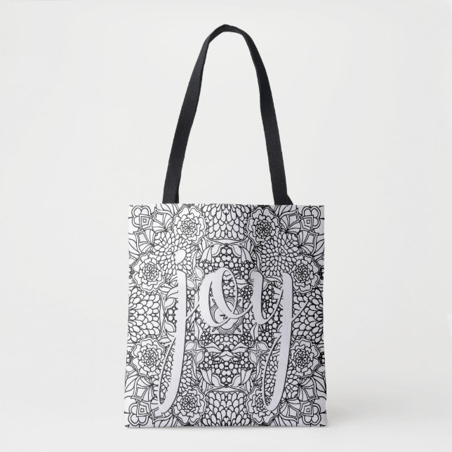Tote Bag Joie Script Calligraphie Florale Noir et Blanc (Devant)