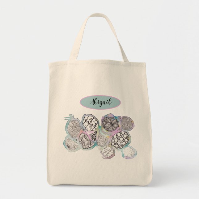 Tote Bag Joli art doodle pastel rose et bleu, votre nom (Devant)