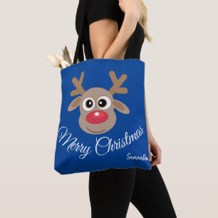 Tote Bag Joli Cartoon Reindeer Christmas Fun Blue