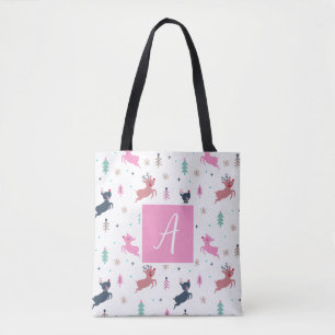 Tote Bag Joli Cerf De Noël Et Arbres Monogramme Blanc