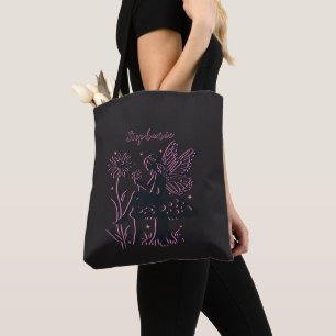 Tote Bag Joli champignon fée et fleurs noir et rose
