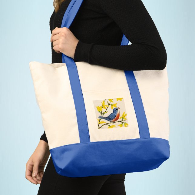 Tote Bag Joli Chanteur Oiseau Bleu Arbre (Singing blue red bird on branch with pretty yellow flowers on white and blue tote bag.)
