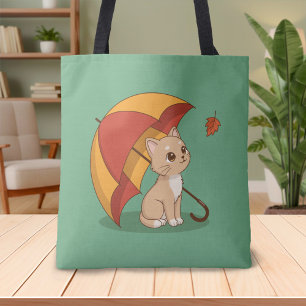 Tote Bag Joli Chat Chaton Rouge Jaune Parapluie Automne Ver