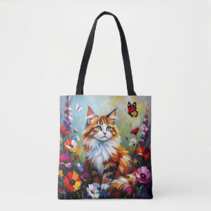 Tote Bag Joli Chat Fantaisiste, Fleurs et Papillons