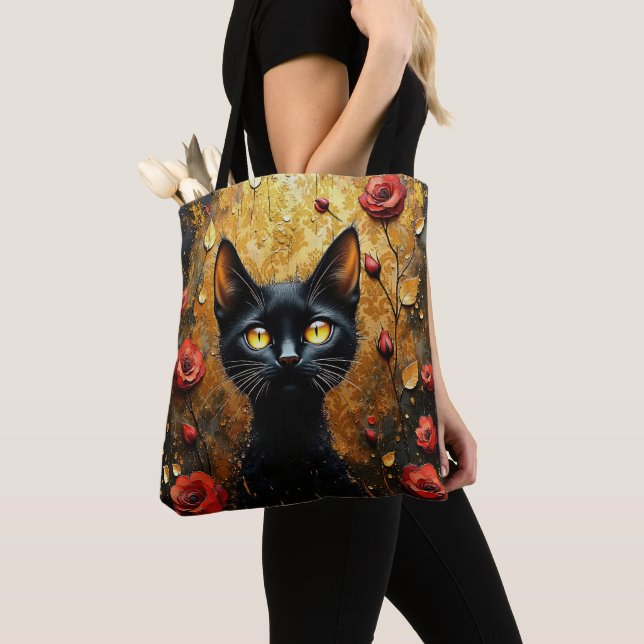 Tote Bag Joli chat noir avec des roses rouges (De près)