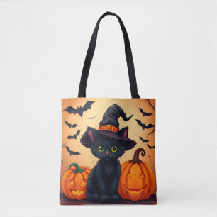 Tote Bag Joli chat noir avec un chapeau de sorcière entouré