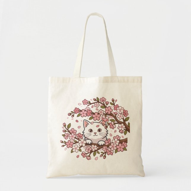 Tote Bag Joli chat regardant à travers les branches de fleu (Devant)