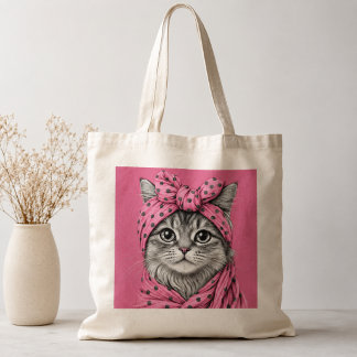 Tote Bag Joli chat tigré avec un foulard à pois rose rétro