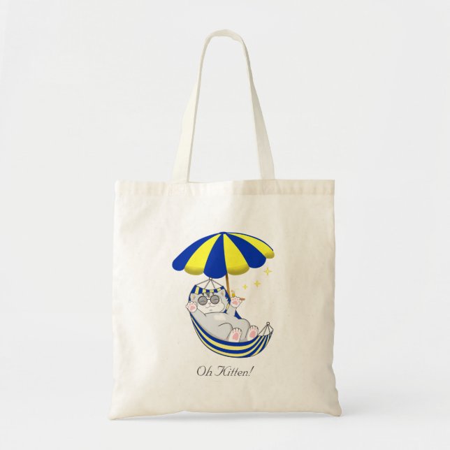 Tote Bag Joli Chaton dans un Hamac Bleu et Jaune (Devant)