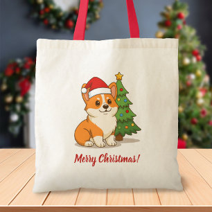 Tote Bag Joli chien Corgi avec un chapeau rouge et un sapin