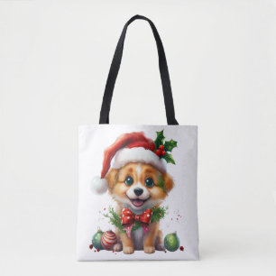 Tote Bag Joli chiot de Noël avec le chapeau de Père Noël et