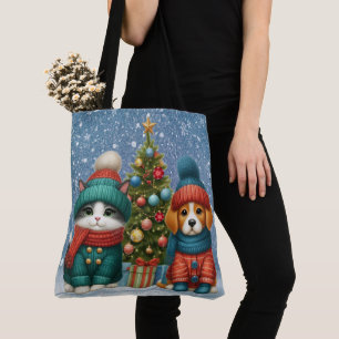 Tote Bag Joli chiot de Noël & chaton