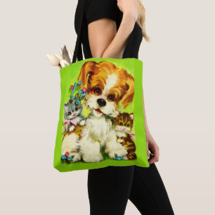 Tote Bag joli chiot et chatons souriants imprimer