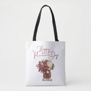 Tote Bag Joli chiot Joyeuse Saint-Valentin Bouquet de roses