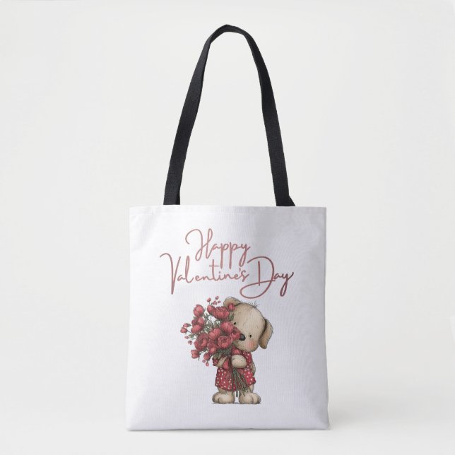 Tote Bag Joli chiot Joyeuse Saint-Valentin Bouquet de roses (Devant)
