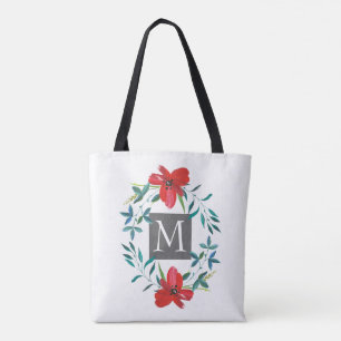 Tote Bag joli design de fleur rouge peint avec monogramme