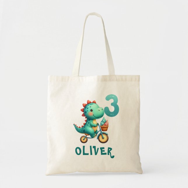 Tote Bag Joli Dinosaure avec Bicyclette 3e Anniversaire (Devant)