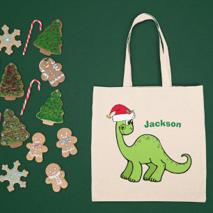 Tote Bag Joli Dinosaure de Noël Personnalisé Vert Enfants N