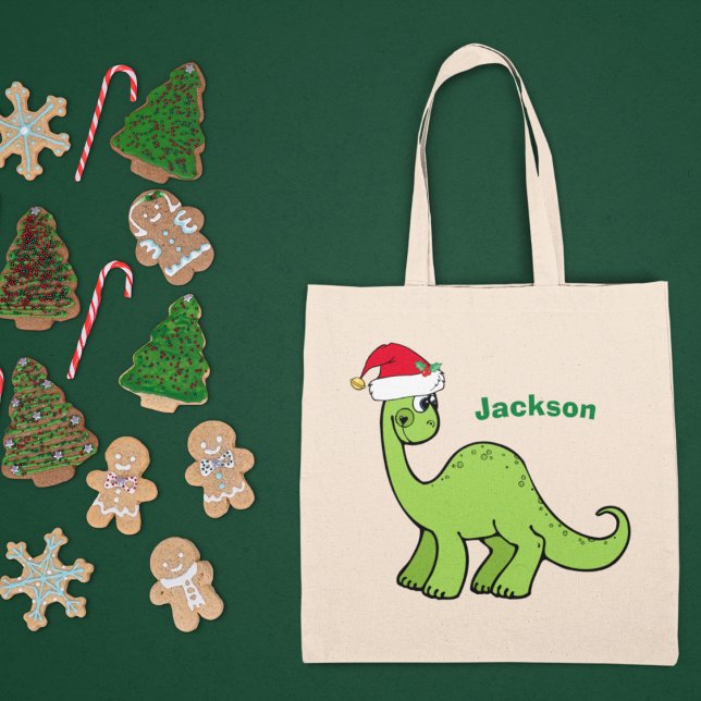 Tote Bag Joli Dinosaure de Noël Personnalisé Vert Enfants N (Créateur téléchargé)