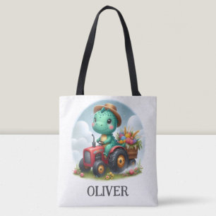 Tote Bag Joli dinosaure Trex conduisant un tracteur rouge