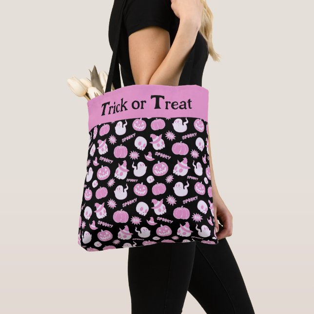 Tote Bag Joli Éffrayant noir et rose Motif Halloween (De près)