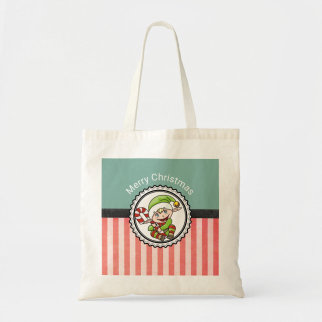 Tote Bag Joli elfe de Noël avec Sucre de canne Joyeux Noël (Devant)
