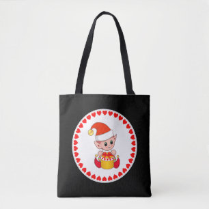 Tote Bag Joli elfe de Noël entouré de cœurs sur fond noir
