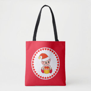 Tote Bag Joli elfe de Noël entouré de cœurs sur fond rouge