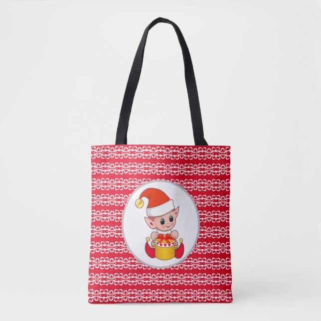 Tote Bag Joli elfe de Noël sur fond rouge et blanc (Devant)