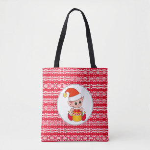 Tote Bag Joli elfe de Noël sur rouge & blanc