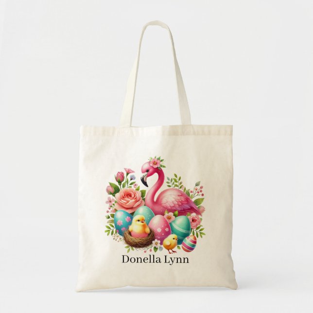 Tote Bag Joli flamant rose de Pâques ajouter un nom (Devant)