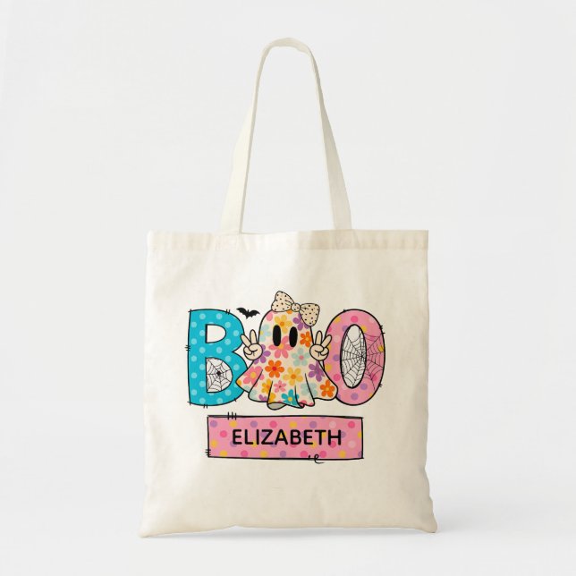 Tote Bag Joli Fleur Fantôme Boo Halloween Tricoter ou trait (Devant)