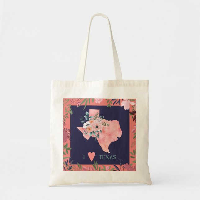 Tote Bag Joli Floral I Love Texas State Map (Devant)