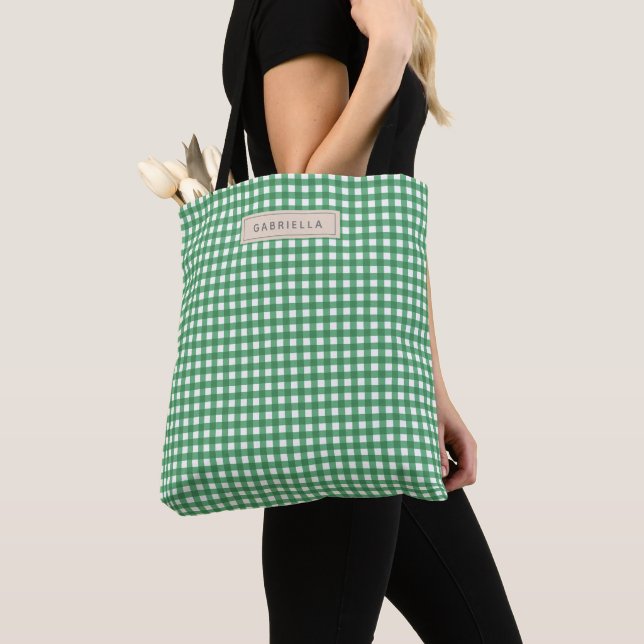 Tote Bag Joli Gingham Vert Vintage Personnalisé (De près)