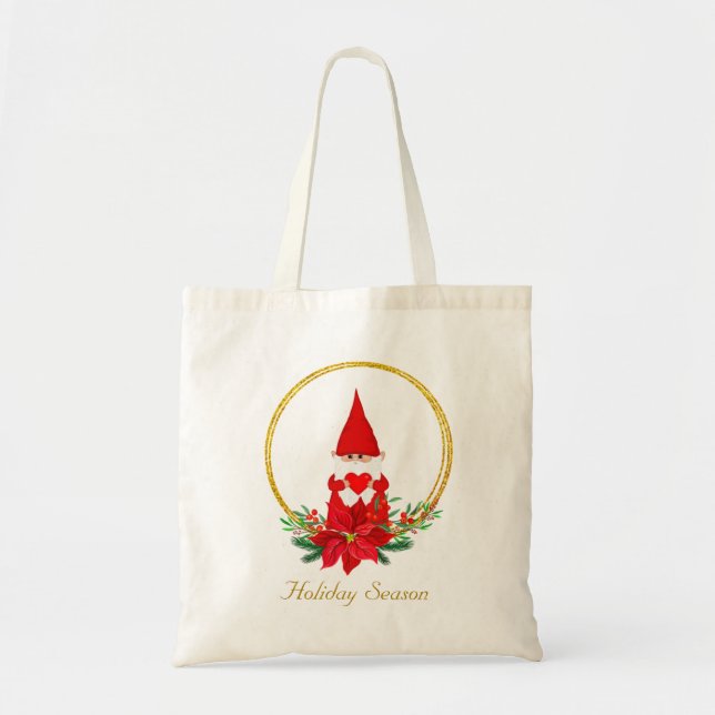 Tote Bag Joli gnome de Noël sur couronne dorée (Devant)