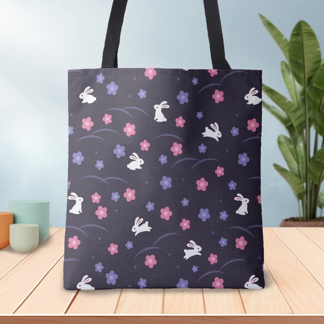 Tote Bag Joli lapin blanc lapin et Motif de fleurs (Créateur téléchargé)