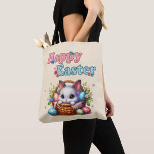 Tote Bag Joli lapin de Pâques en panier avec oeufs et fleur