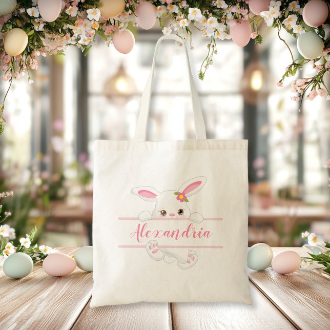 Tote Bag Joli lapin de Pâques rose Fille personnalisée (Cute Pink Easter Bunny Personalized Girl Tote Bag)