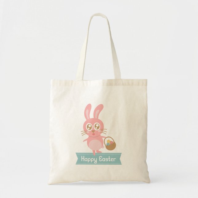 Tote Bag Joli lapin de Pâques tenant panier d'oeufs (Devant)