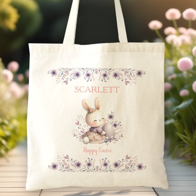 Tote Bag Joli Lapin Purple Floral Nom Fille Oeuf de Pâques  (Cute Bunny Purple Floral Girl Name Easter Egg Hunt Tote Bag)